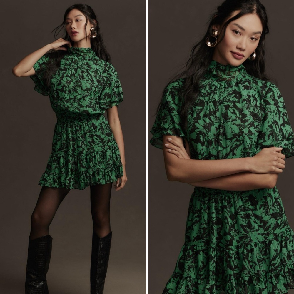 NWT MISA Los Angeles Saffie Dress in Emerald Abstract Green Black Mini XS